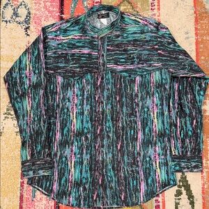 Vintage-Inspired Multicolor Casual Button-Down Shirt - Turquoise & Pink